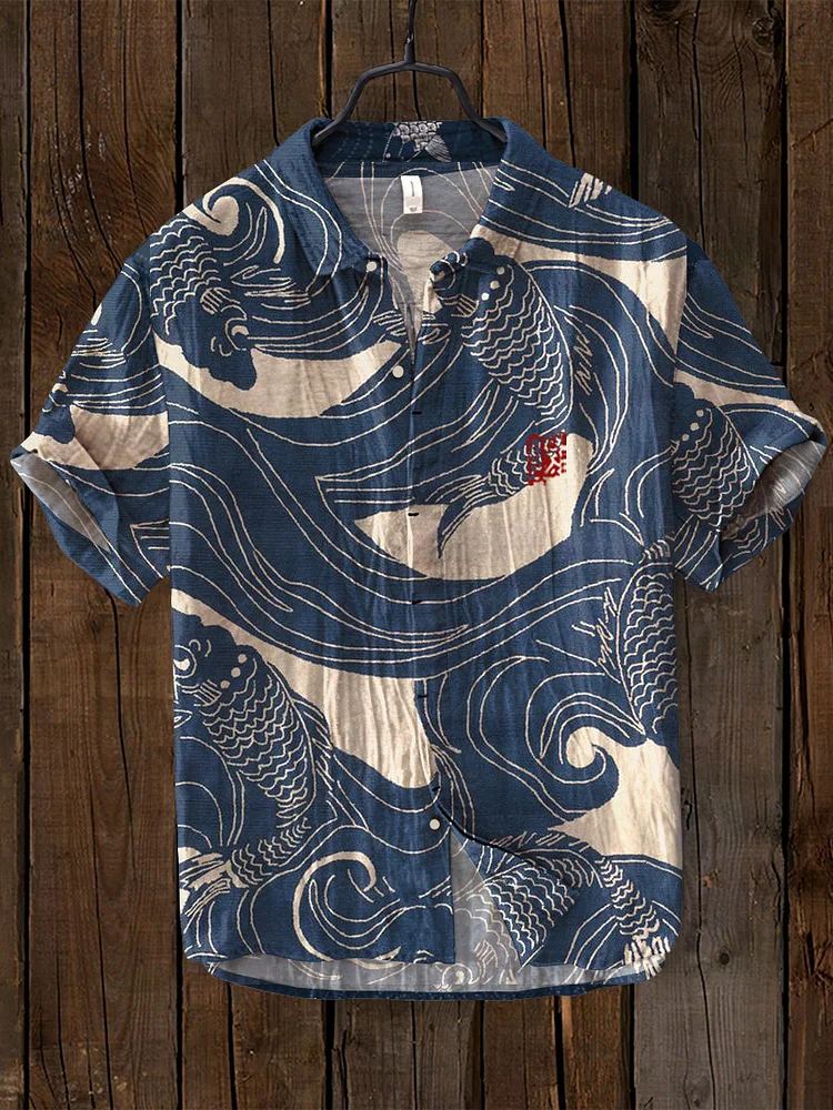 Vintage Fish Japanese Art Print Linen Blend Cozy Shirt