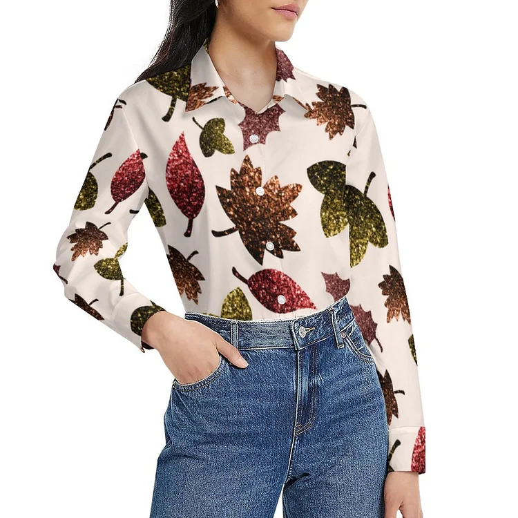 Glitter Sparkly Fall Autumn Leaves Women Button Down Shirt Classic Long Sleeve Collared Work Office Blouse - Heather Prints Shirts