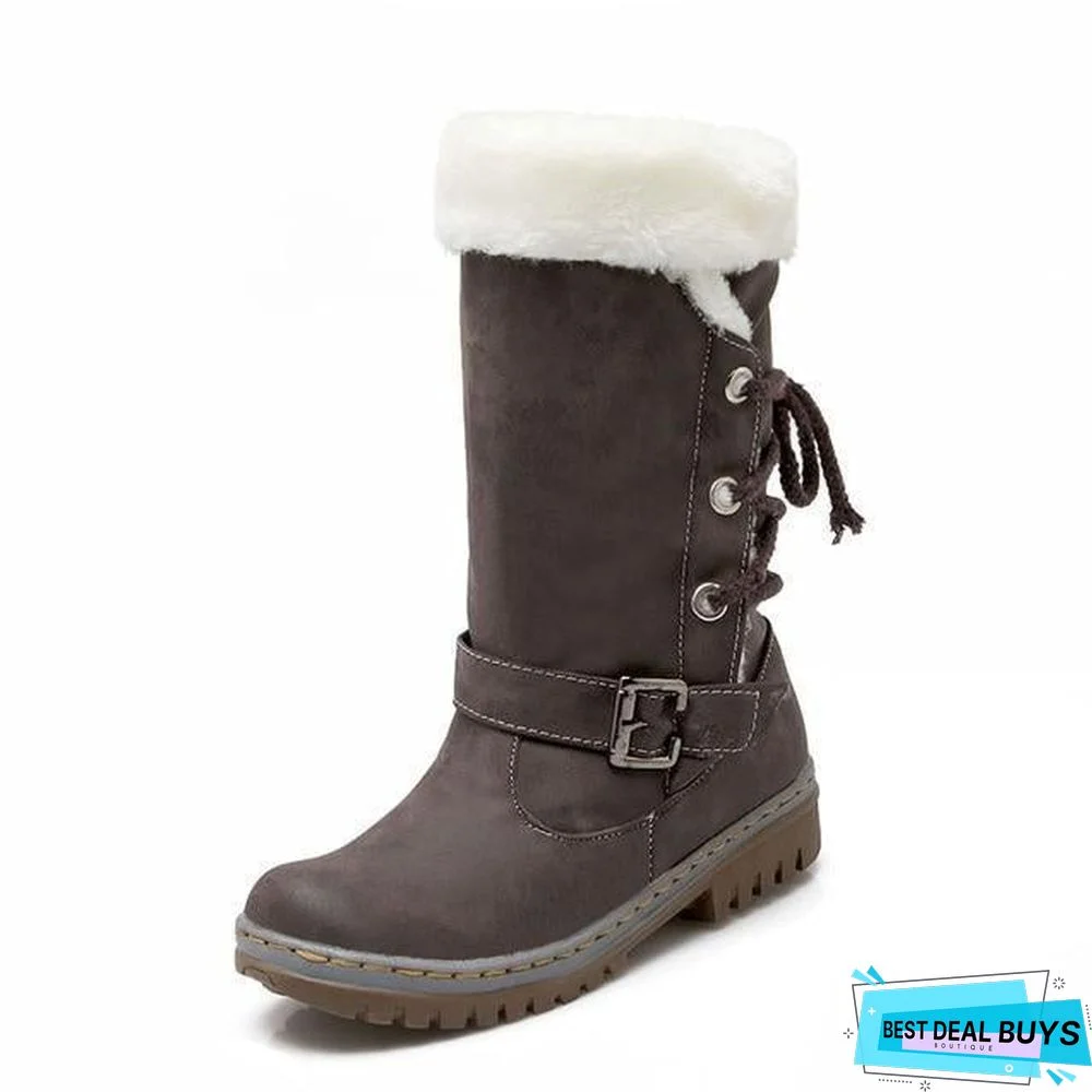 Women Leather Warm mid-calf Plush Fur Velvet Boots Booties Snow Shoes