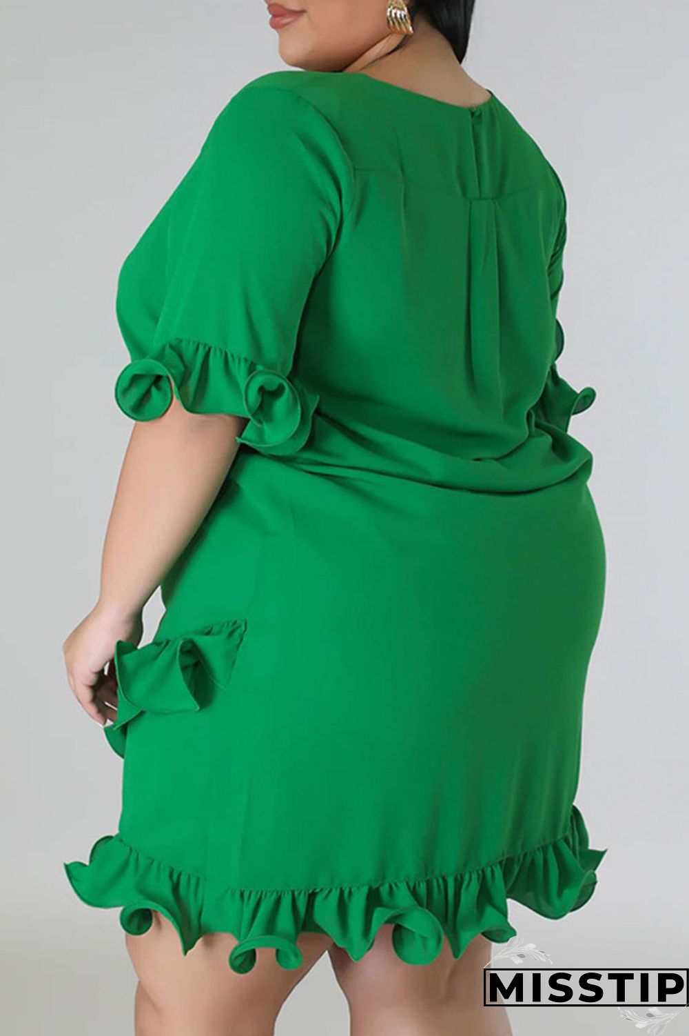 Green Casual Solid Patchwork Asymmetrical Stringy Selvedge O Neck Straight Plus Size Dresses