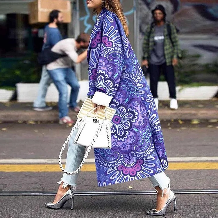 Long Double-Breasted Coat Printed Loose Coat