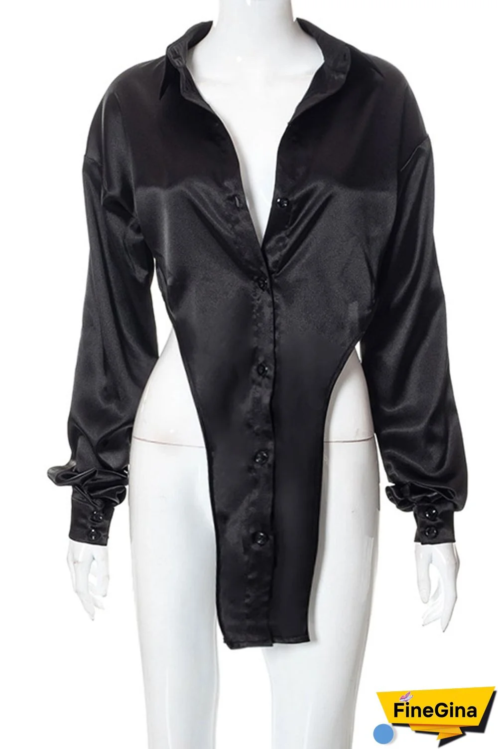 Black Street Solid Patchwork Buckle Asymmetrical Turndown Collar Tops