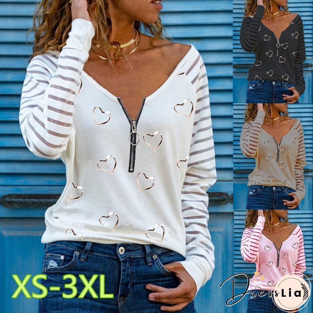 Spring and Autumn Fashion Women's Printed Zipper V-neck Long Sleeve Casual Blouse Loose Plus Size Tops Shirt