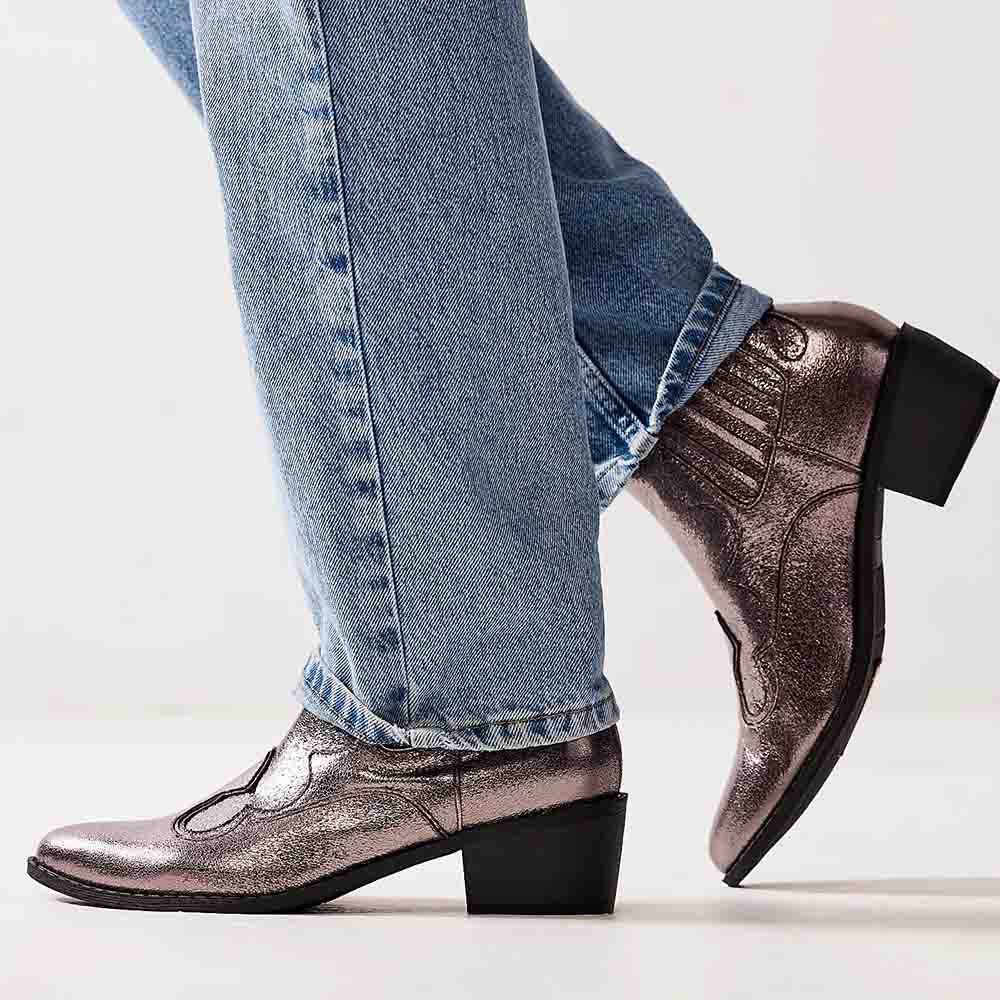 Metallic Purple Western Booties Block Heel Chelsea Boots for Women