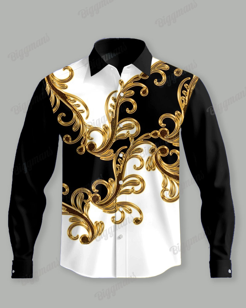 Men's Plus Size Vintage Black And White Color Block Pattern Printing Long Sleeve Shirt Trousers Suit