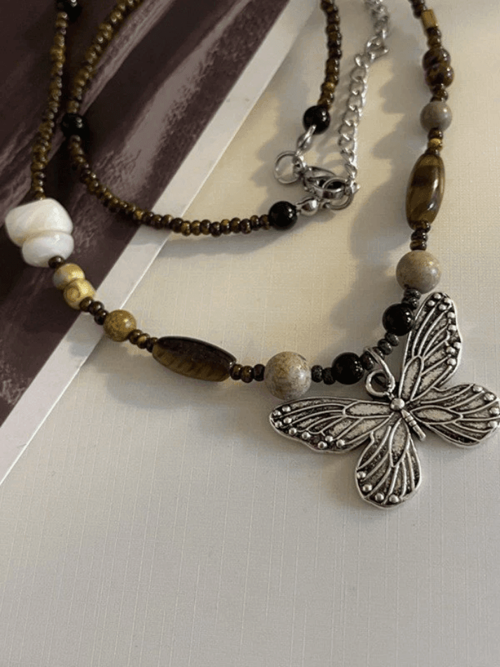 Brownm Vintage Beads Stone Butterfly Necklace