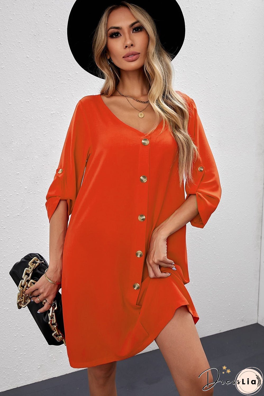 Buttoned V-Neck Dress
