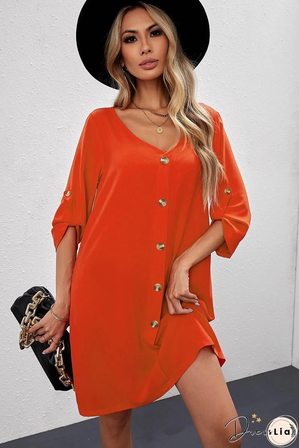 Buttoned V-Neck Dress