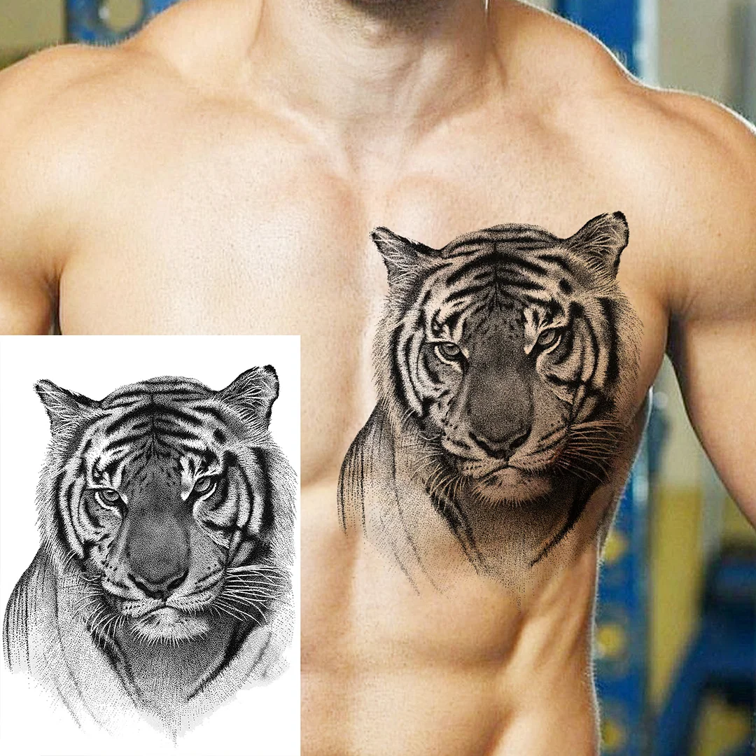 Sdrawing High Quality Lion Tiger Temporary Tattoos For Men Boys Realistic Fake Black Waterproof Tattoos Decal For Adult Party Supplies