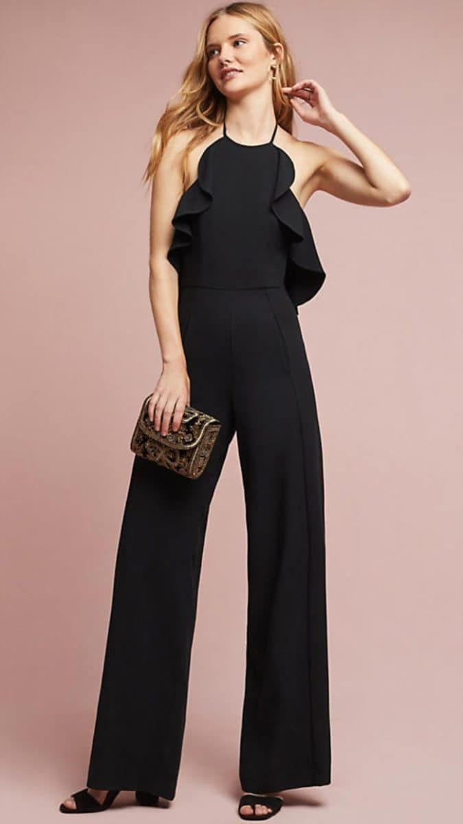 Lvs&Broner Chic Black Halter Sleeveless High Waist Long Wid-Leg Jumpsuit with Ruffles