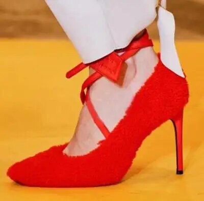 VCSHOES Woman Blue Red White Green Pink Fur Cross Shallow Pumps Pointed Toe Button Nail 10 Cm Thin Heels Party Pumps Shoes