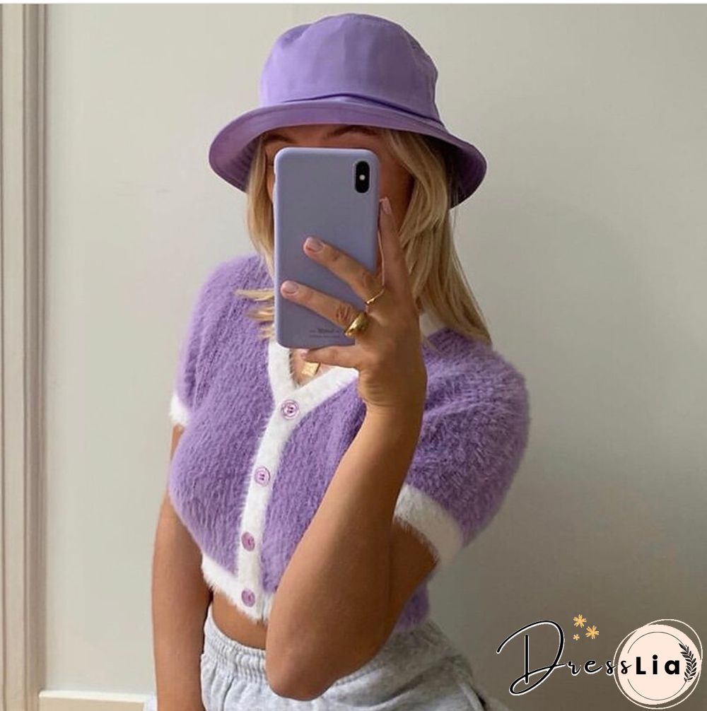 Spring Korean Sweater Women Vintage Pink Cardigan Knitted Cute Sweater Punk Crop Sweater Knit Korean Cardigans Cute Purple