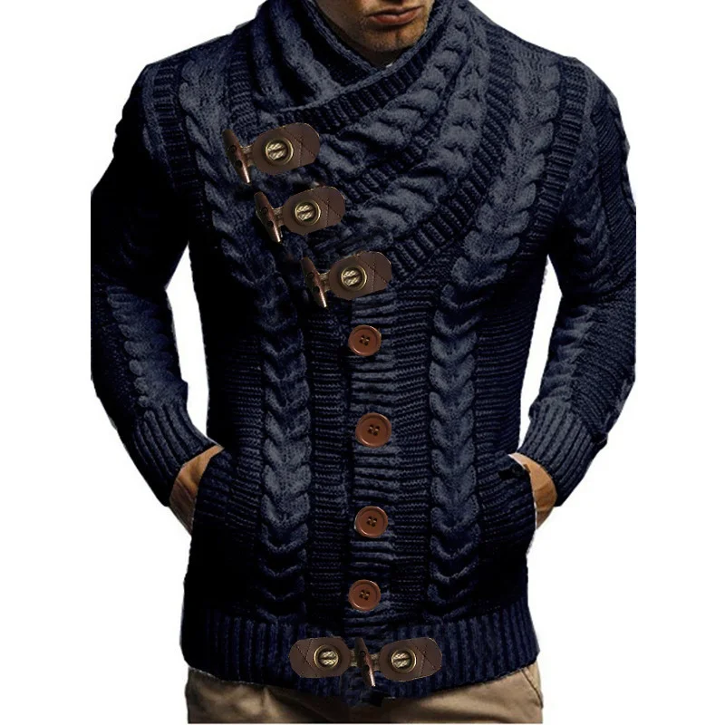 Wongn Wongn Men's Turtleneck Button Horn Buckle Knit Fashion Cardigan Men's Sweater
