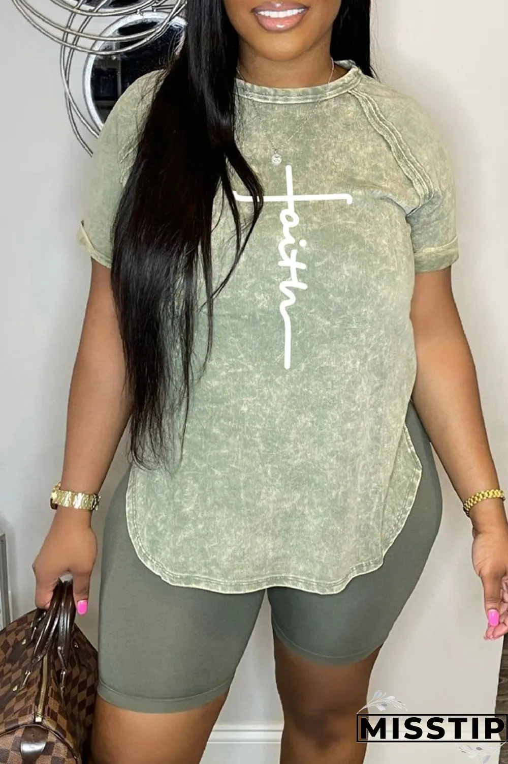Black Casual Print Basic O Neck Short Sleeve Two Pieces