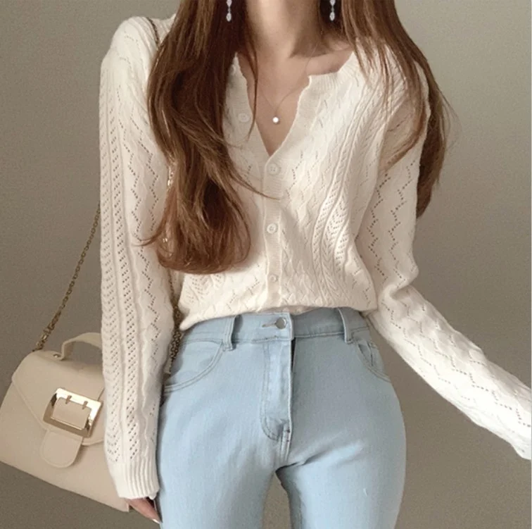 Ueong Autumn New Solid Color Round-Neck Knitted Cardigan With Loose Long Sleeves And Short Hollowed-Out Sweaters