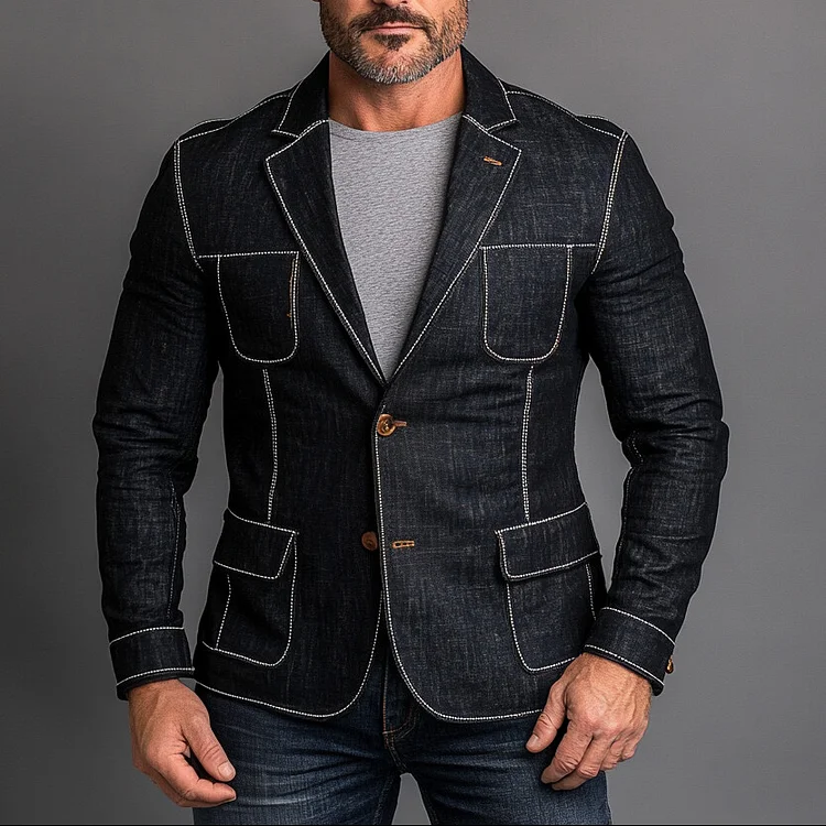 Men's Notch Lapel Single Breasted Top Stitch Denim Jacket