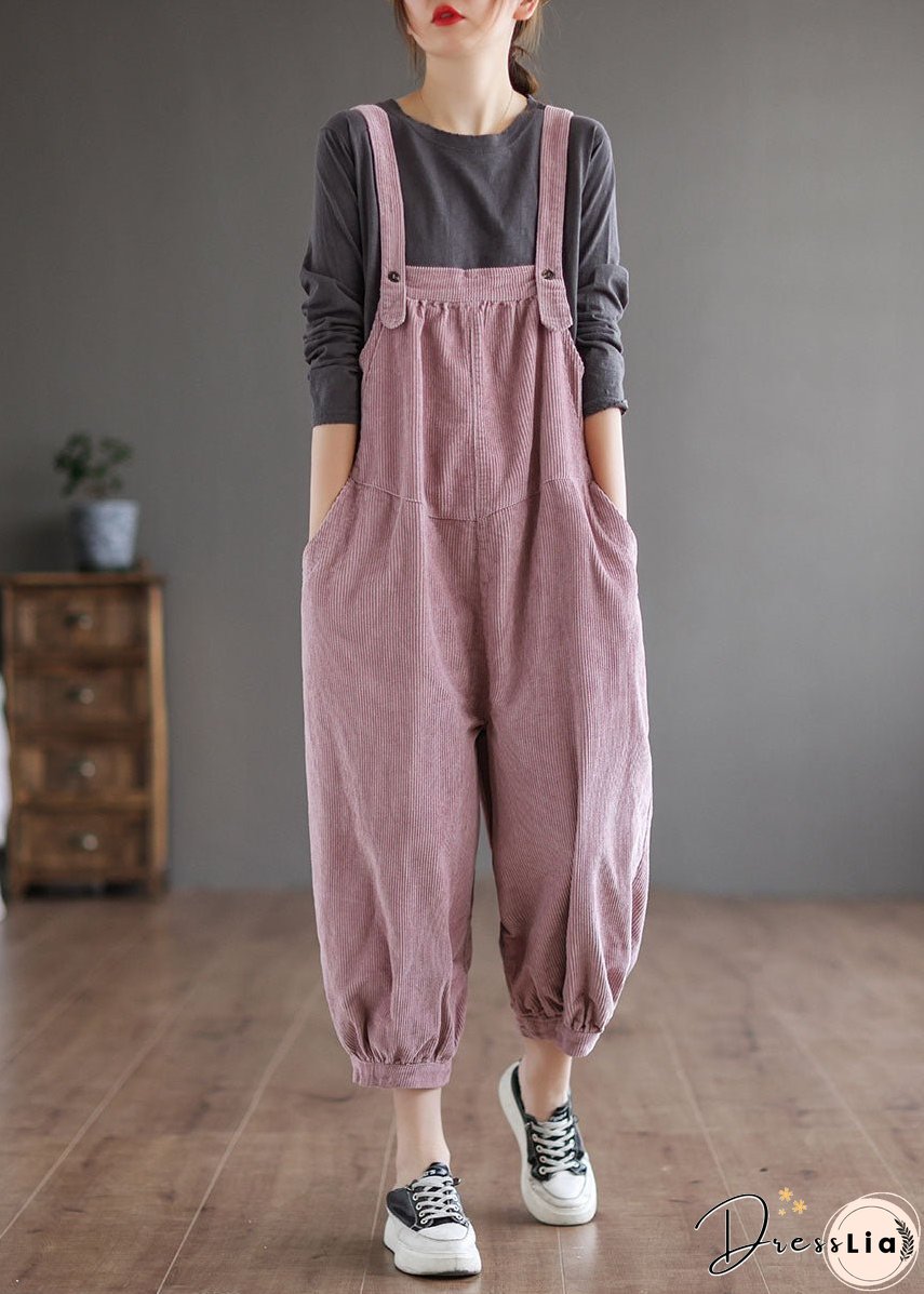 Women Pink Oversized Solid Color Corduroy Jumpsuits Fall