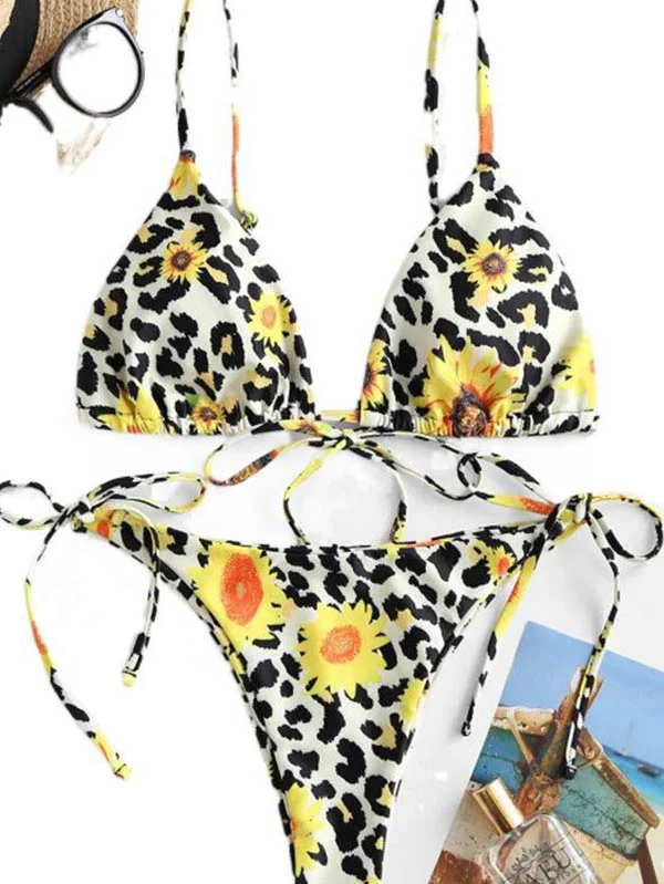 Floral Triangles Bralette Tie Side Split Bikini Swimwear
