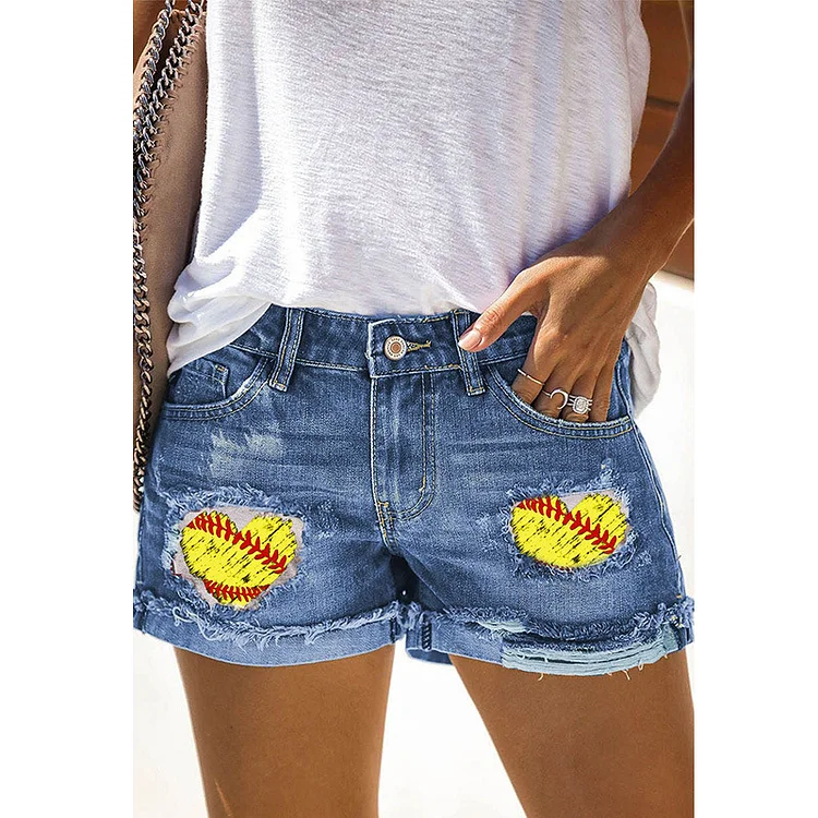 Yellow Heart Printed Cuffed Ripped Denim Shorts