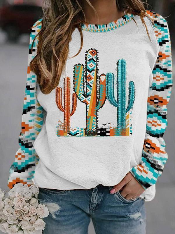 Women Long Sleeve Scoop Neck Floral Printed Graphic Top
