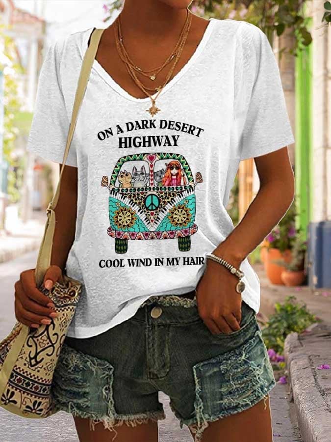 On A Dark Desert Highway Cool Wind in My Hair Print T-Shirt