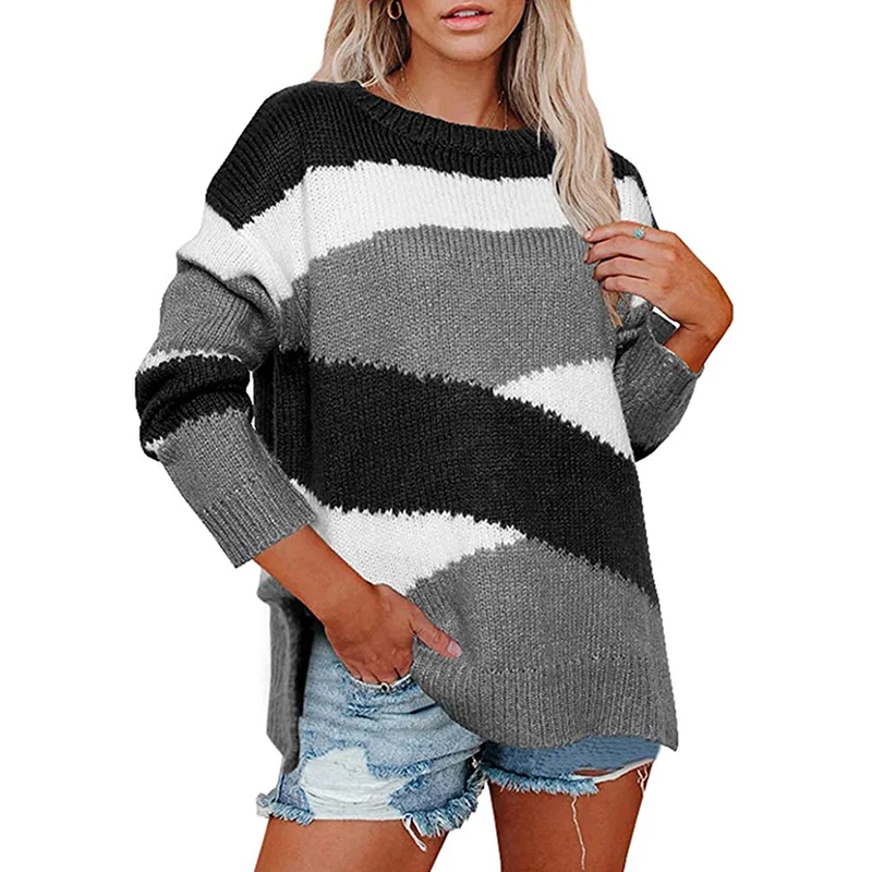 Gray Colorblock Striped Pullover Sweater