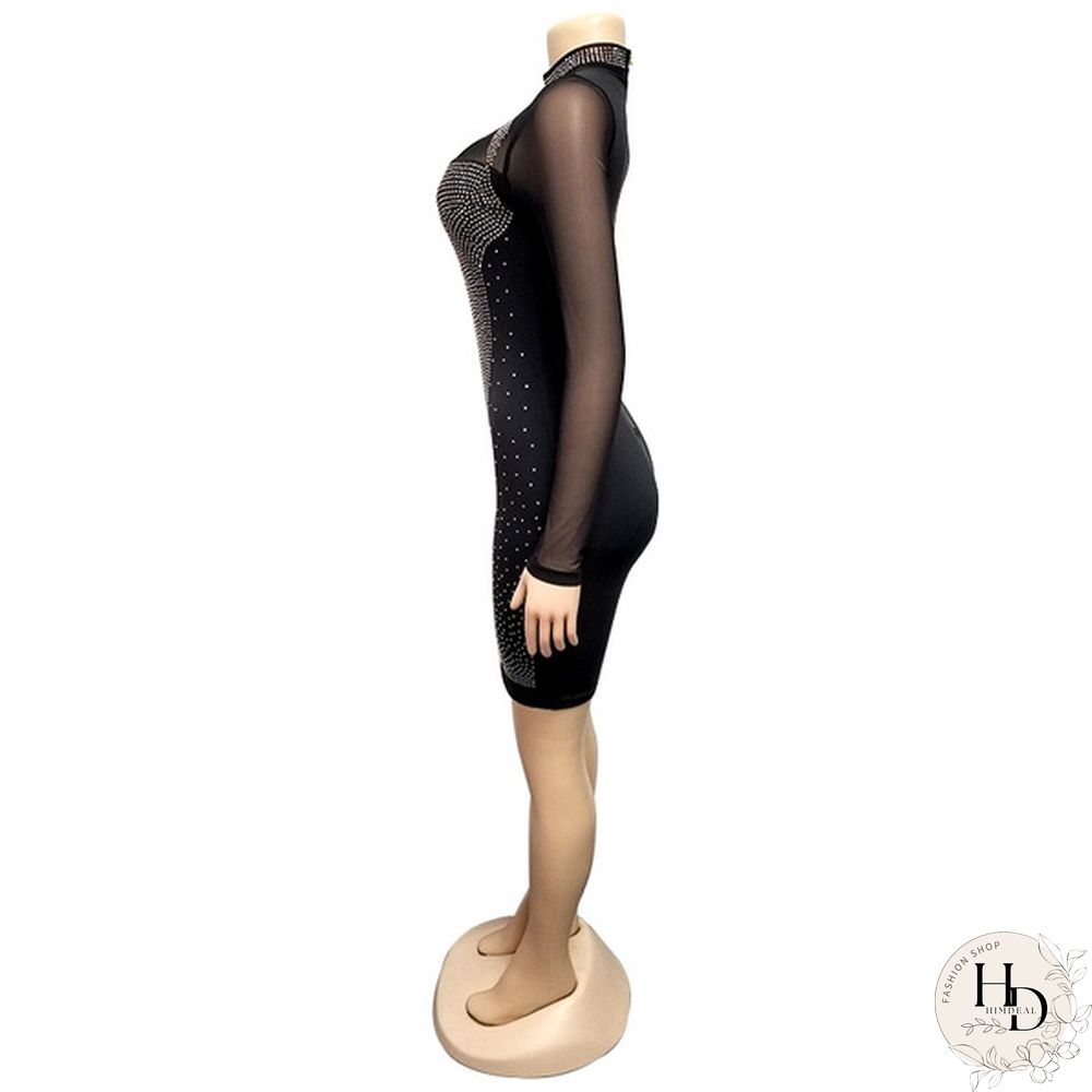 Women Sexy Night Club Dresses Bodycon Party Dress Bling Bling Rhinestone Zipper Sheer Long Sleeve Mini Dress White Black Blue Pink