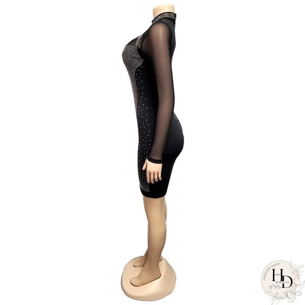 Women Sexy Night Club Dresses Bodycon Party Dress Bling Bling Rhinestone Zipper Sheer Long Sleeve Mini Dress White Black Blue Pink