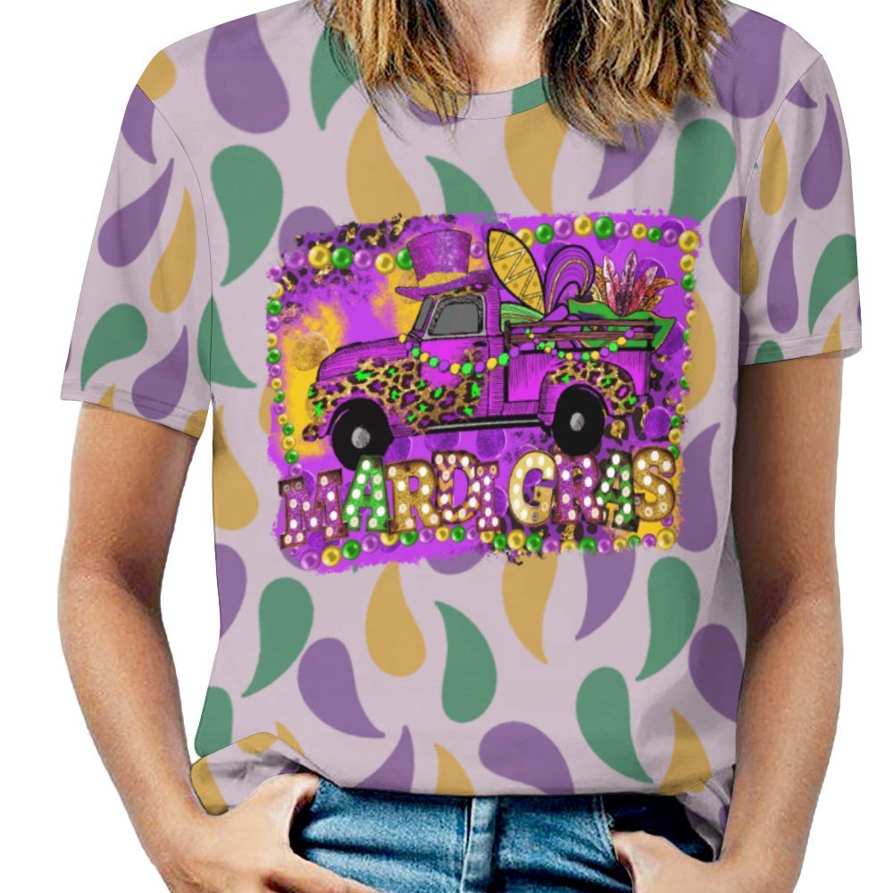 Custom Mardi Gras Plus Size T-shirt for Women Personalized Casual Short Sleeve Shirt Tee Full Print Mardi Gras Gift for Friends