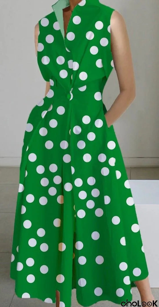 Fashion Women Elegant Office Chic Defined Waist Sleeveless Wide Leg Polka Dot V Neck Dress