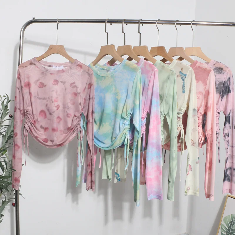 Uveng Real Shooting 2024 Summer New Long-Sleeved Short-Sleeved T-Shirt Sun Protection Shirt Thin Perspective Tie-Dye Mesh Hooder 6928