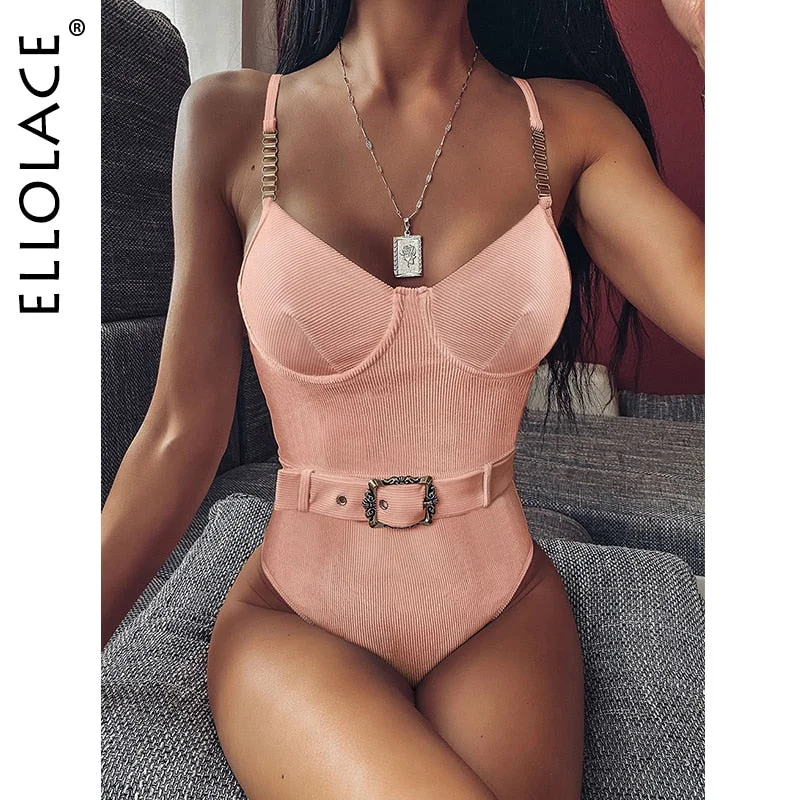 Ellolace One Piece Swimsuit Women Bikini Ribbed Bodycon Bodysuit Bathing Suit 2020 Women's Swimsuit Swimwear 6 Color Biquini