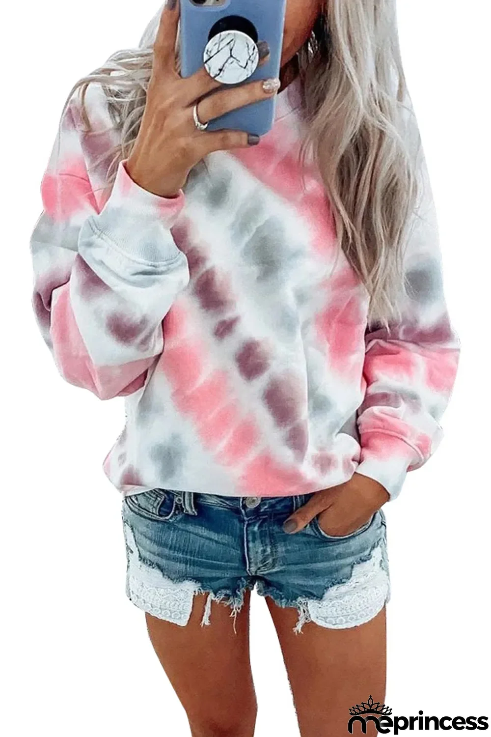 Pink Casual Tie-dye Round Neck Sweatshirt