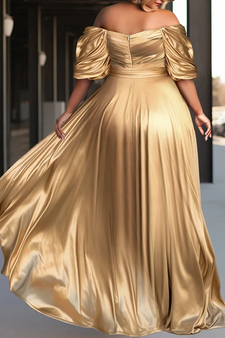 Xpluswear Design Plus Size Formal Gold Off The Shoulder Puff Sleeve Half Sleeve Ruffled Glitter Maxi Dresses [Pre-Order]