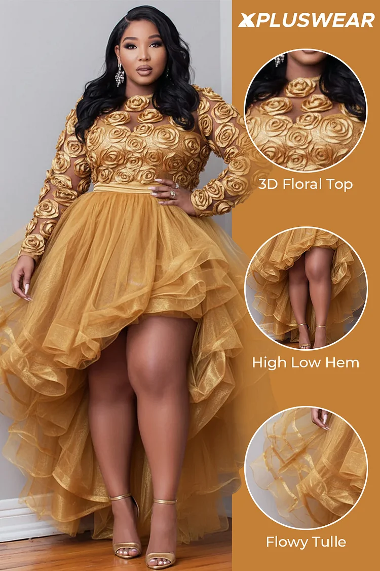 Xpluswear Design Plus Size Party Gold Round Neck Long Sleeve 3D Elegant High Low Hem Tulle Mini Dresses [Pre-Order]