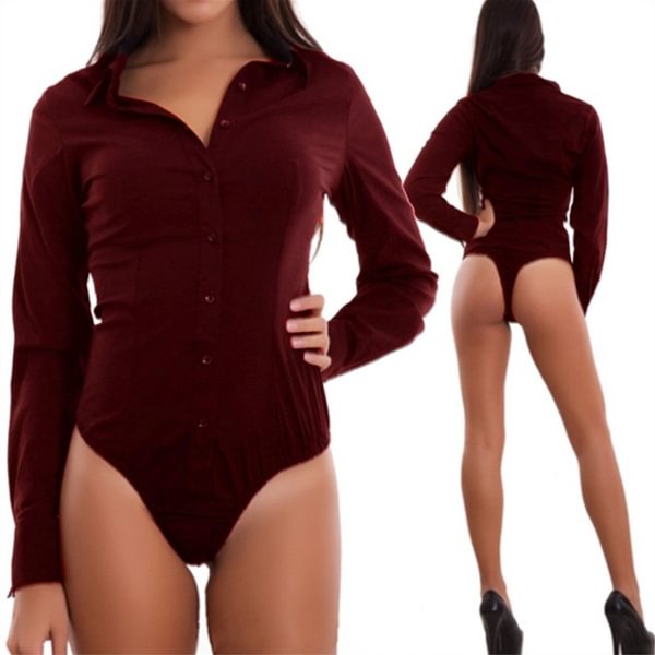 Ladies Plus Size Long Sleeve Soild Color Romper V-neck Slim Women Shirt Jumpsuits Autumn and Winter - Shop Trendy Women's Clothing | LoverChic