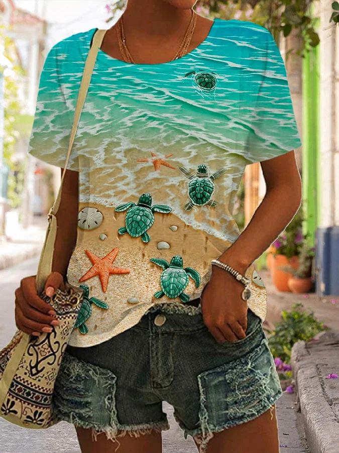 🔥Buy 3 Get 10% Off🔥Women's Turtle Print Round Neck Casual T-Shirt