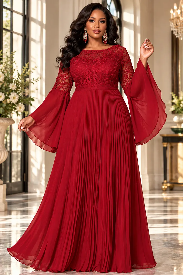 Xpluswear Design Plus Size Formal Chiffon Red Flare Long Sleeve Pleated Contrast Lace Maxi Dresses [Pre-Order] 2024 - Xpluswear