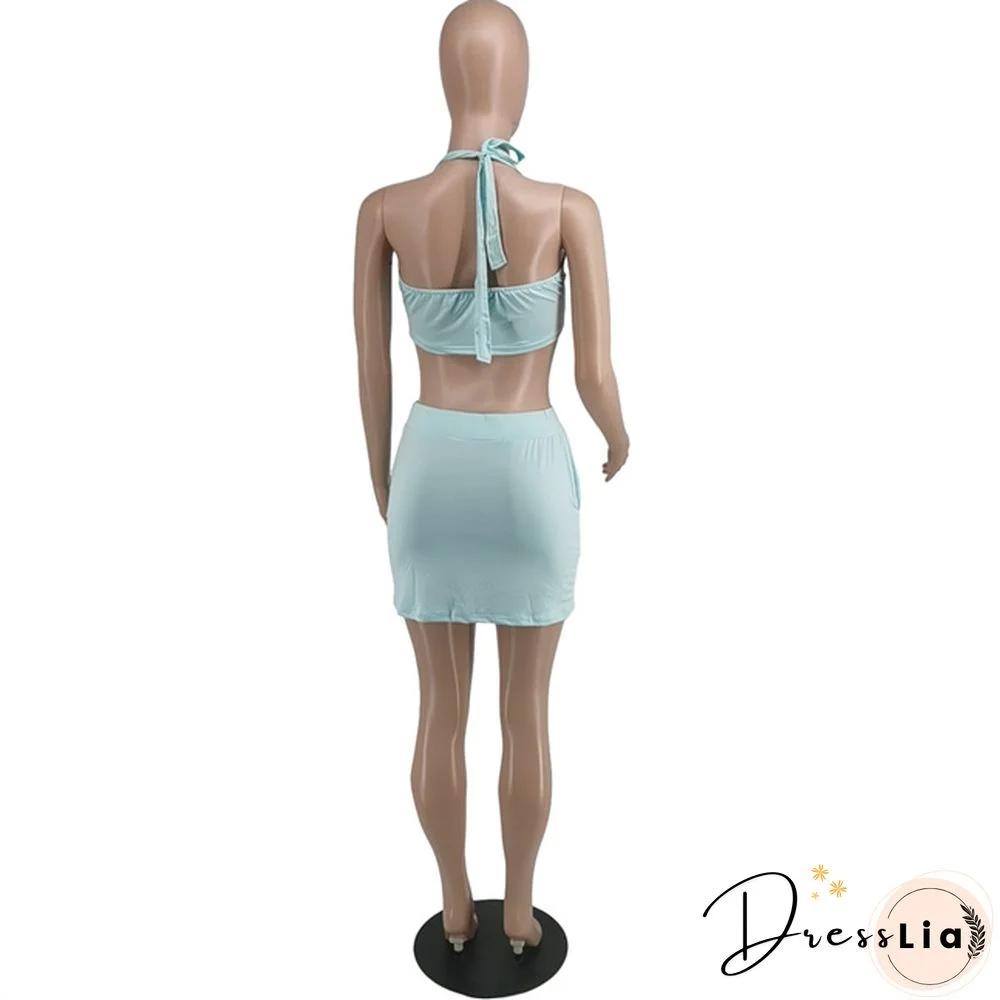 Plus Size Summer Solid Women Square Neck Sleeveless Crop Top+Elastic Waist Mini Skirt 2 Piece Set