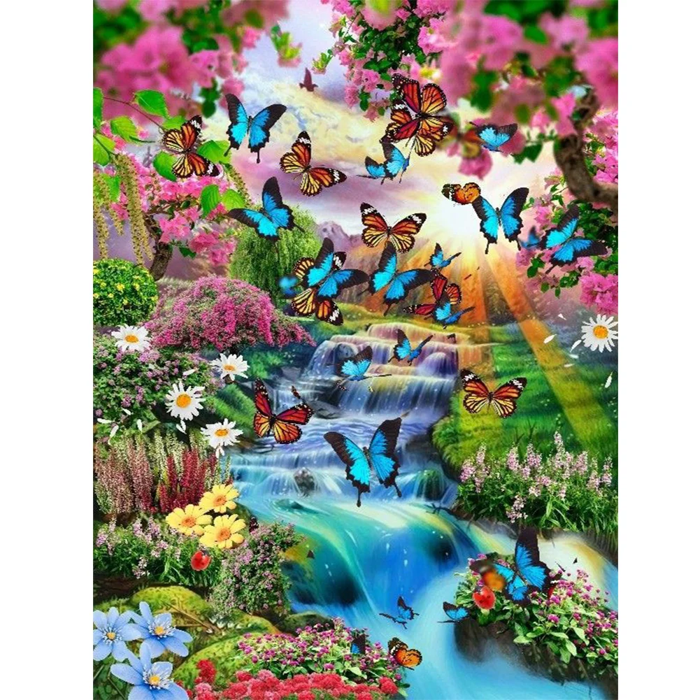 Diamond Painting - Full Round Drill - Flower Butterfly Waterfall(30*40cm)