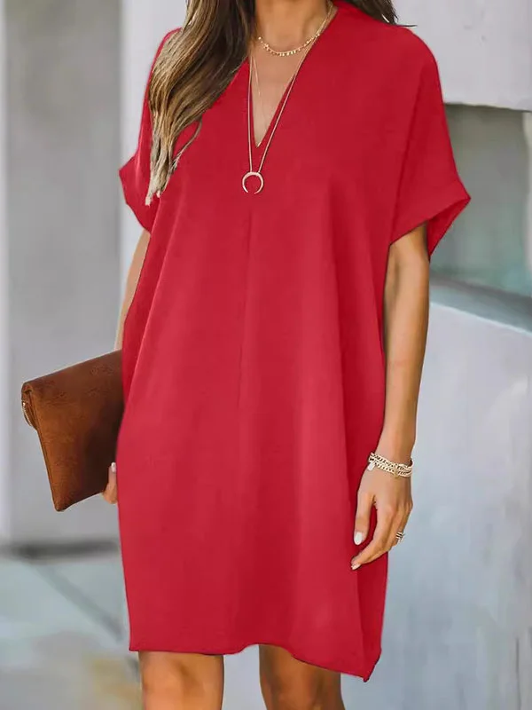 Solid Color Short Sleeves Loose V-Neck Mini Dresses