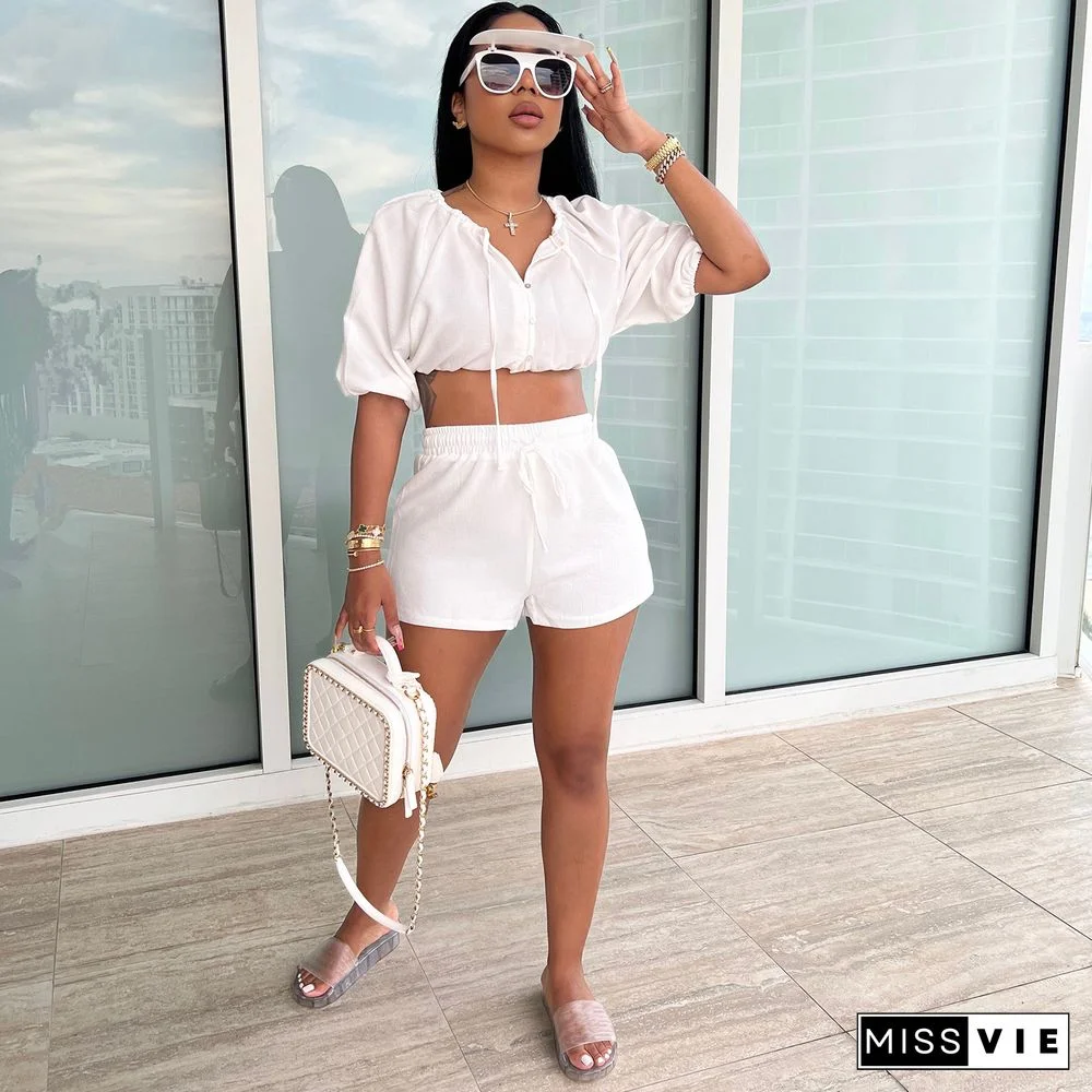 Short Puff Sleeve Crop Top Shorts Two Piece Set