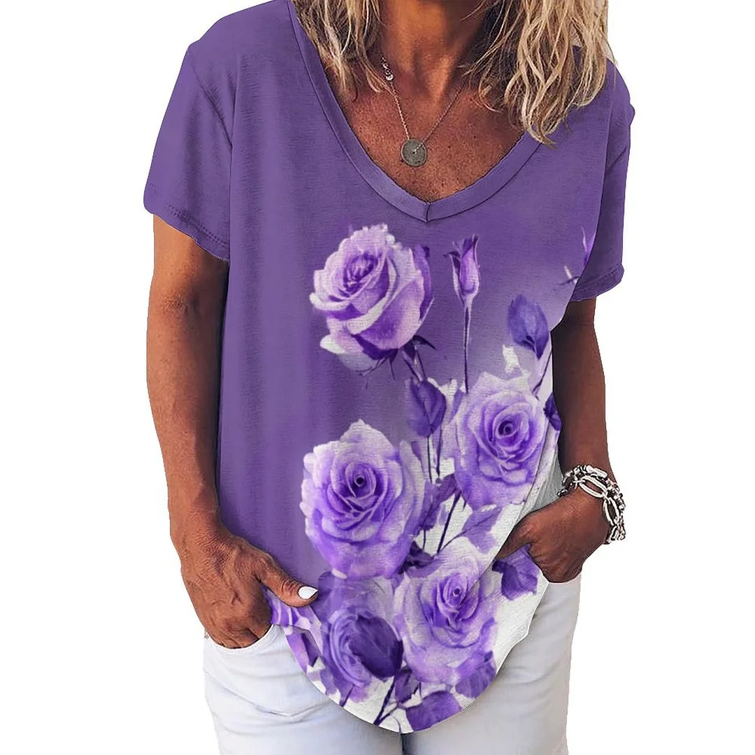 V-neck Short Sleeve Casual T-shirt for  Women Printed with Pattern Purple, Rose, White