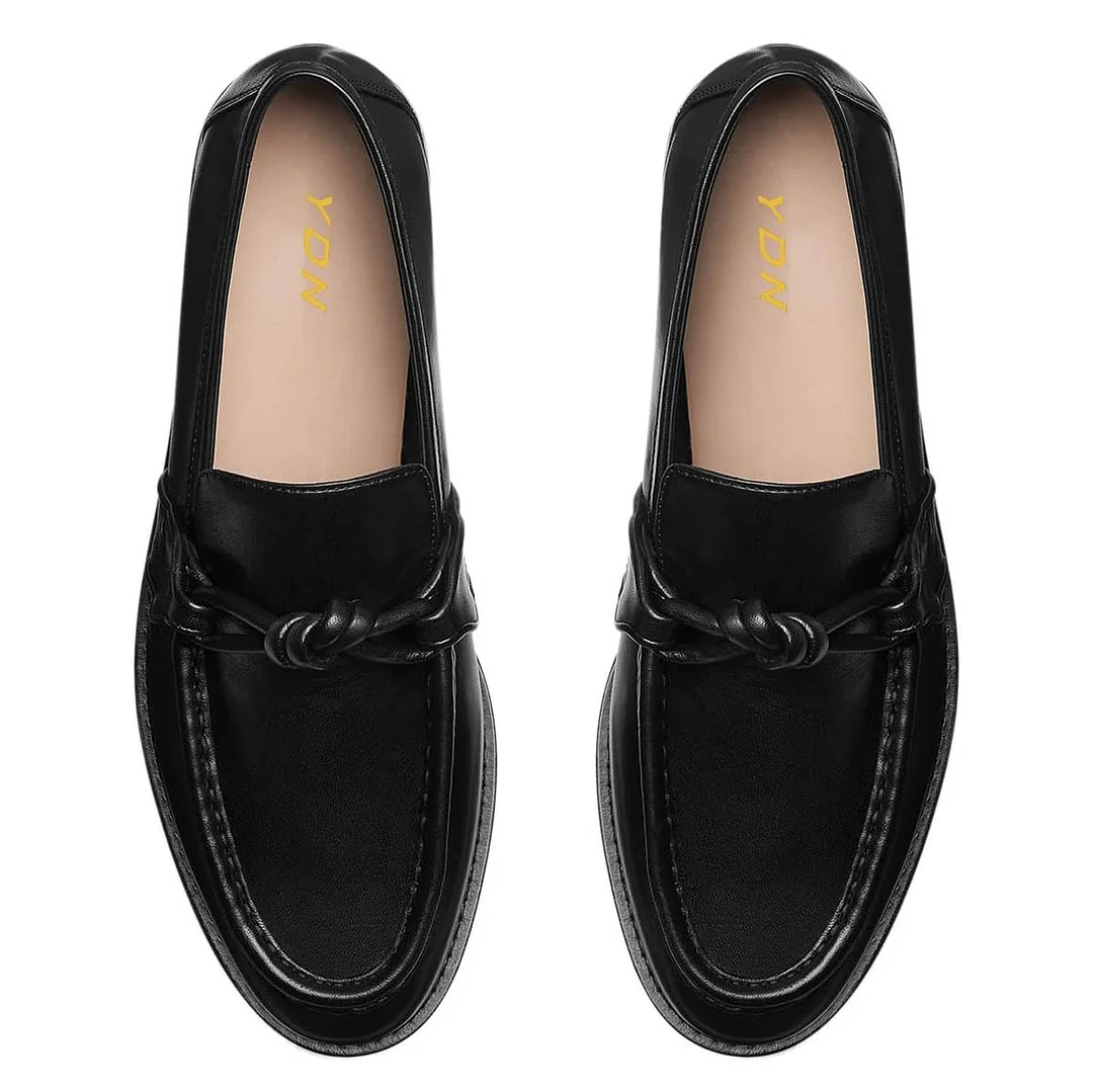 Black Vegan Leather Round Toe Flat Womens Loafers with Knot