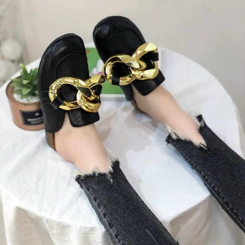 Women Slipper Women's Sandals New Design Gold Chain Closed Toe Slip On Mules Shoes Flat Heel Square Head Casual Slides Flip Flop