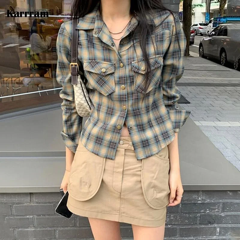 Jangj Korean Fashion Shirts Vintage Gradient Plaid Shirt Long Sleeve Lapel Blouse Grunge Kpop Streetwear Chic Designer Clothes