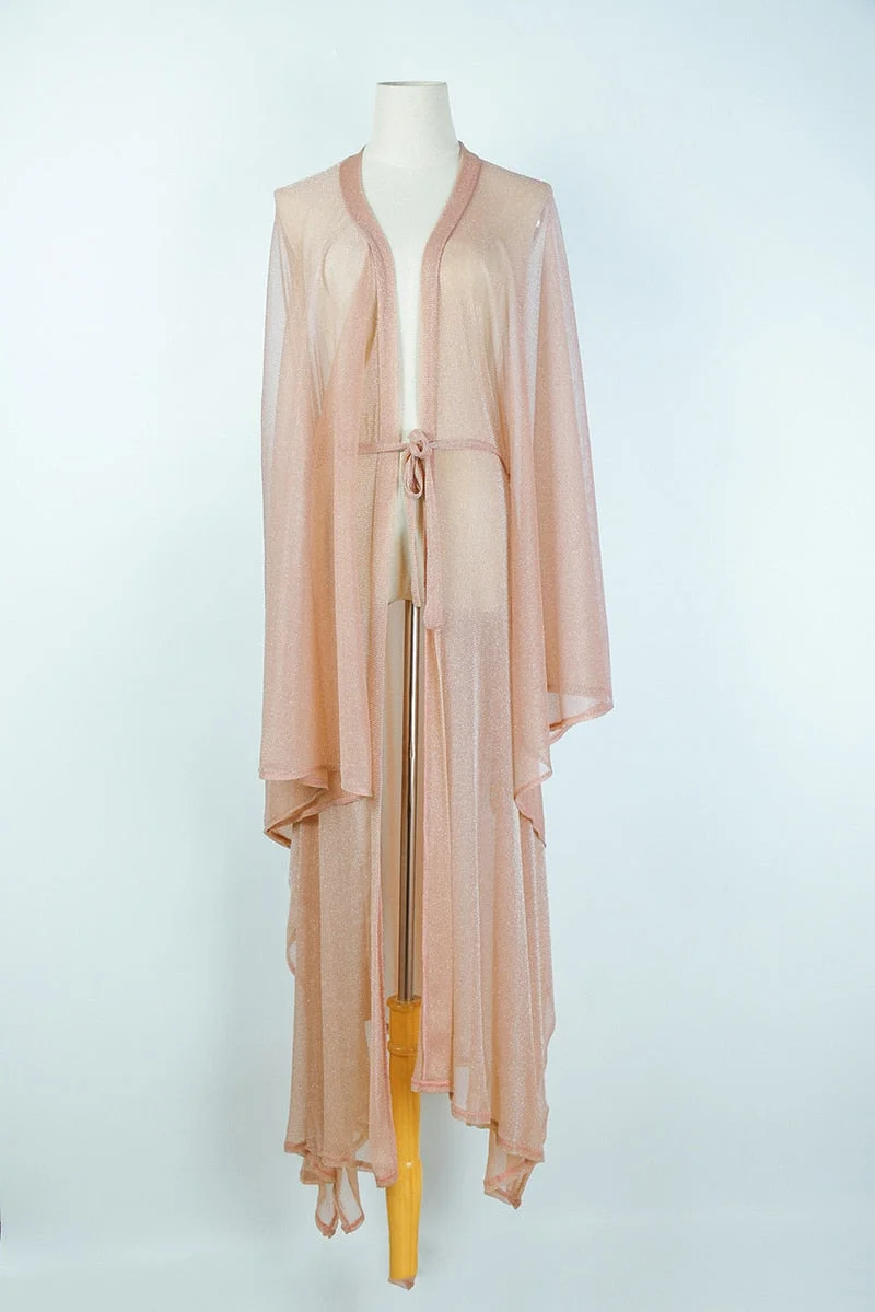 Fitshinling Transparent Sexy Beach Cover Up Swimwear Flare Sleeve Pink Irregular Long Cardigan Sheer Hot Summer Bikini Outing