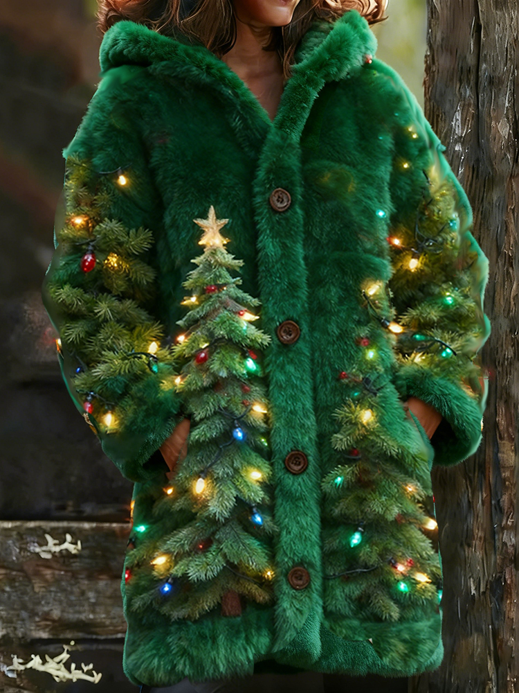 Christmas Tree And Colorful Lights Plush Long Hooded Cardigan elevenforest