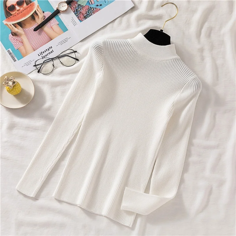 Zoki Autumn Women Pullover Sweater Half Turtleneck Long Sleeve Knitted Jumper Winter Elastic Solid Basic Ladies Blouse New 2021