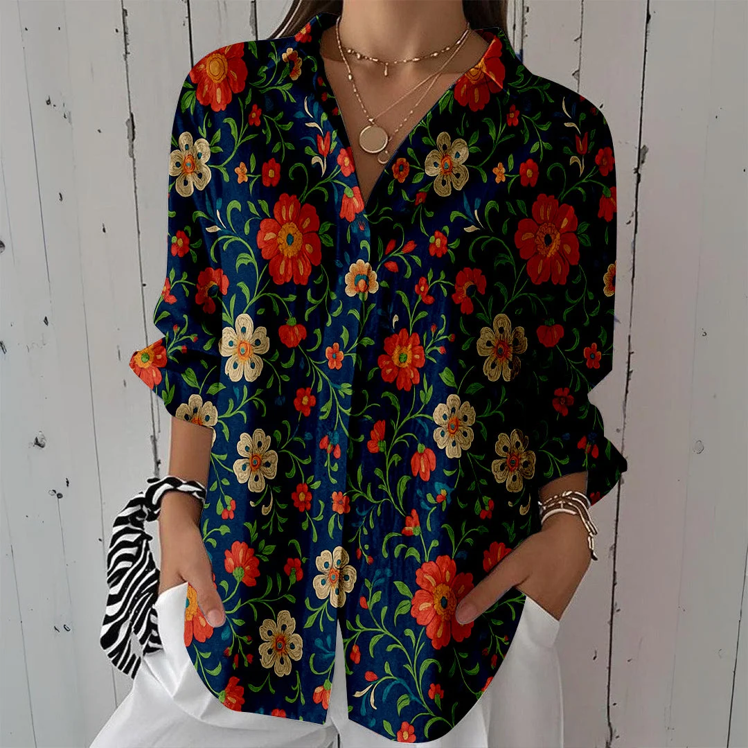 Style & Comfort for Mature Women Women Floral,  Red,  Dark Green DZCL0426 3/4 Sleeve Shirt Collar Printed Button Tops